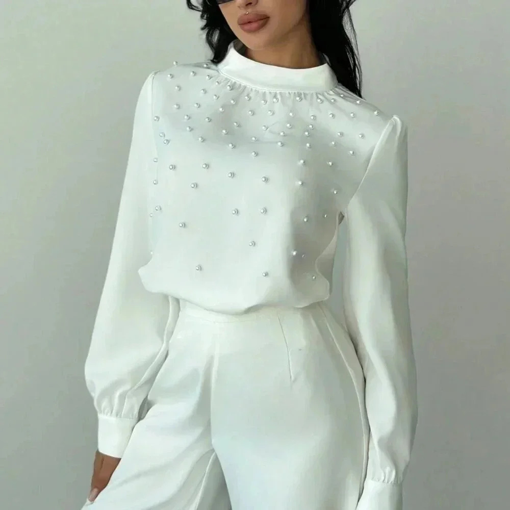 White Elegant Women's Romantic Pearl detailed Ruched Long Sleeve Blouse